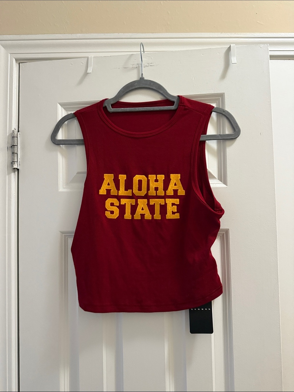 Maroon Crop Muscle Tank with Yellow 'ALOHA STATE' Print